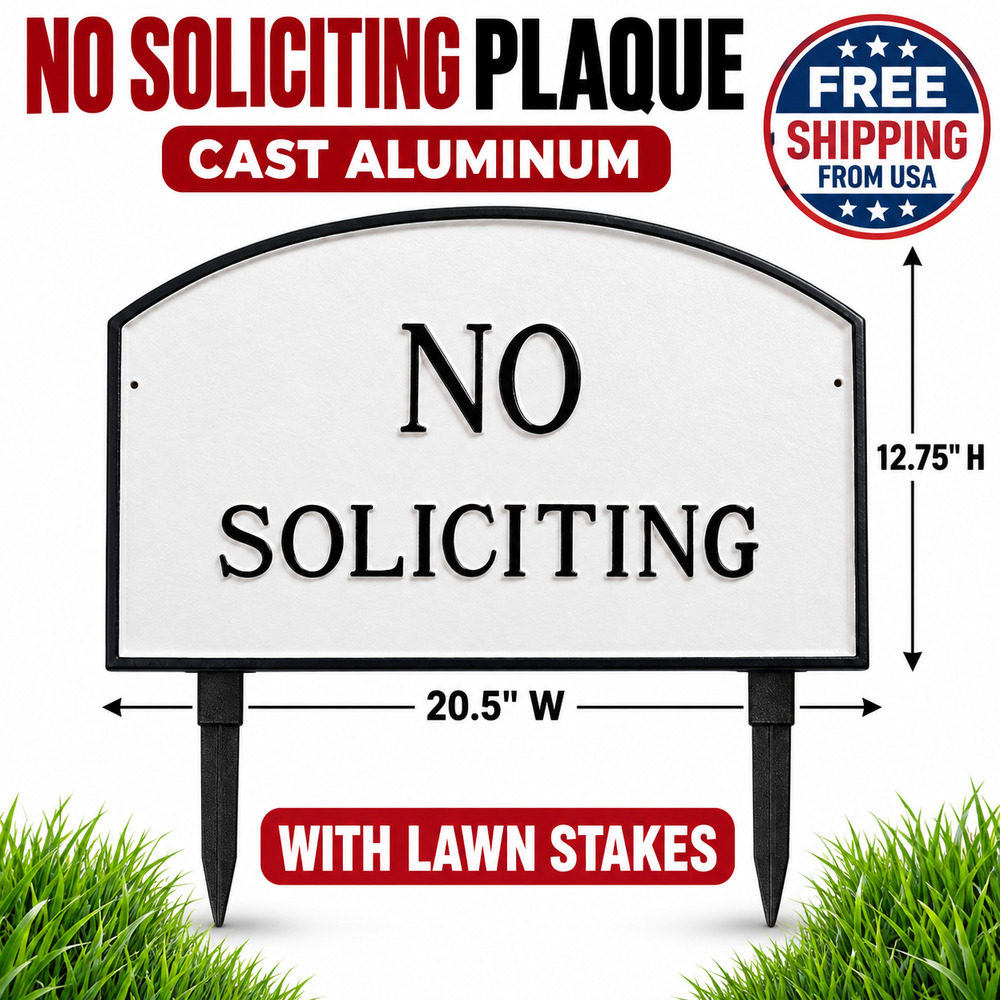 No Soliciting Sign Plaque Cast Aluminum 20.5" x 12.75" with Lawn Stakes
